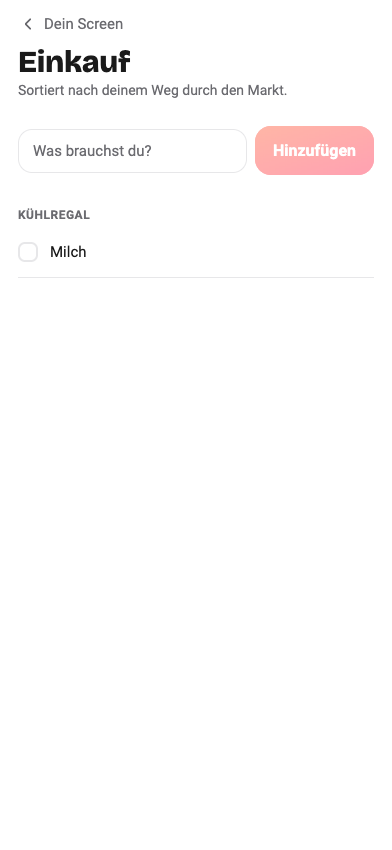 Echte Mody-Einkaufsliste: ein Eintrag Milch mit Kästchen zum Abhaken.